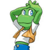 a green frog with blue eyes is wearing a white shirt and blue shorts