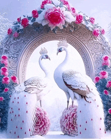 two peacocks with crowns on their heads are standing in front of a mirror decorated with pink roses