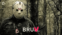 a man wearing a jason voorhees mask stands in the woods with the word bruv on the bottom