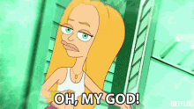 a cartoon girl says oh my god in a green background