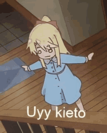 a cartoon girl in a blue dress is standing on a wooden floor with the words uyy kieto written on the bottom