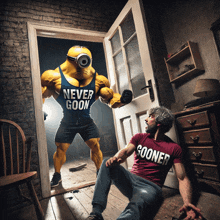 a man wearing a shirt that says ' gooner ' sits on the floor in front of a door