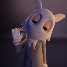 a cartoon character in a suit and tie with a white mask on his face