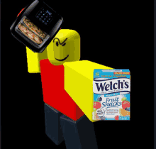 a box of welch 's fruit snacks sits next to a yellow and red robot