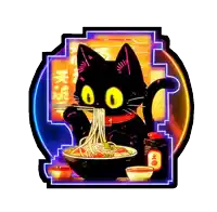 a black cat is eating a bowl of noodles