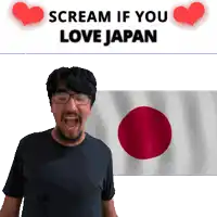a man with glasses is screaming in front of a flag with the words scream if you love japan