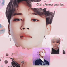 a collage of photos of park jimin with the words chairs are our enemies on top