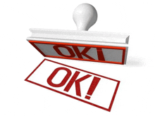 a red and white stamp that says ok on a white background