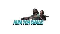 a man and a woman are riding a motorcycle with the words hum toh chale written on the bottom