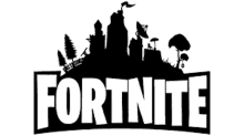 a black and white logo for fortnite with a castle and trees on a hill .