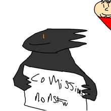 a cartoon drawing of a monster holding a sign that says " commissions "