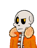 a cartoon of a skeleton wearing an orange jacket