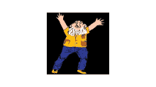 a cartoon of a man with a beard wearing a yellow shirt and blue pants