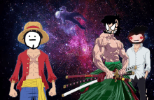 monkey d luffy and roronoa zoro are standing next to each other in front of a galaxy