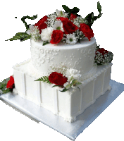 a white cake with red roses and white flowers on top