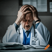 a doctor is sitting at a desk holding his head