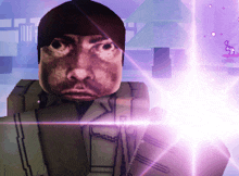 a video game character with a purple light behind him and the letter e on his chest