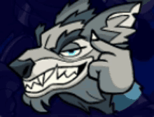 a cartoon drawing of a wolf with sharp teeth and blue eyes