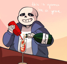 a drawing of a skeleton pouring champagne into a glass