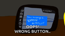 a cartoon shows a screen that says " now switching to extreme autopilot oops "