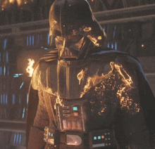 darth vader is standing in front of a building with flames