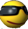 a yellow smiley face is wearing sunglasses and smiling .