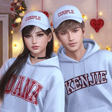 a couple wearing baseball caps that say couple and ken jie