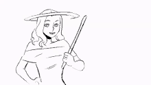 a black and white drawing of a woman holding a stick .