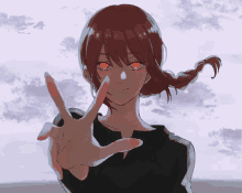 a drawing of a girl with red eyes giving the peace sign