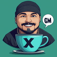 a man with a beard is holding a cup of coffee with the letter x on the cup