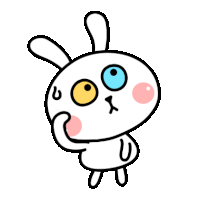 a cartoon drawing of a white rabbit with big blue eyes