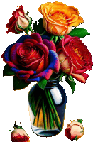 a painting of a vase filled with roses with a white background