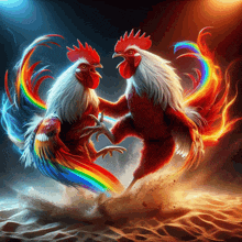 two colorful roosters standing next to each other in the sand