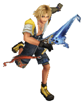 a video game character holding a blue sword with the letter o on it