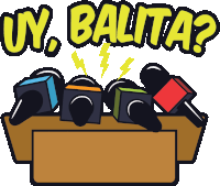 a cartoon illustration of a podium with microphones and the words " uy balita " above it