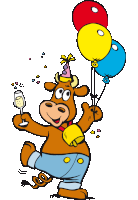 a cartoon cow wearing a party hat is holding balloons and a glass of wine