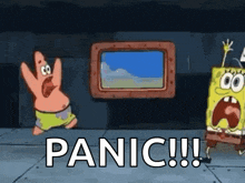 patrick star and spongebob squarepants are standing in front of a window with the words panic written on the floor .