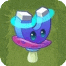 a purple and blue cartoon character is sitting on top of a mushroom in a field .