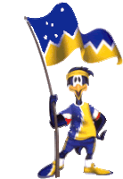 a cartoon character holding a blue and yellow flag