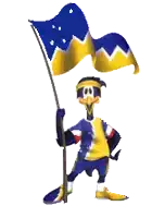 a cartoon character holding a blue and yellow flag