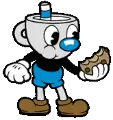 cuphead is a cartoon character from the video game cuphead holding a cookie .