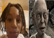 a person with dreadlocks next to a picture of gollum from the lord of the rings