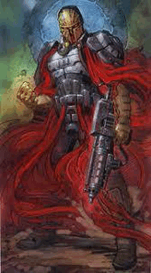 a painting of a man in armor with a gun and a red cape .