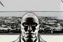 a black and white drawing of a bald man in a suit and tie looking out over a city .