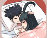 a boy and a girl are hugging in bed