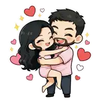 a man is holding a woman in his arms surrounded by red hearts