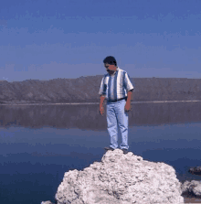 a man in a striped shirt is standing on a rock overlooking a lake .