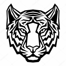 it is a black and white drawing of a tiger 's head .