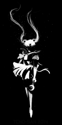 a black and white drawing of a girl holding a crescent moon .