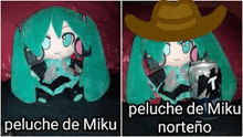 two pictures of a stuffed animal of miku wearing a cowboy hat .